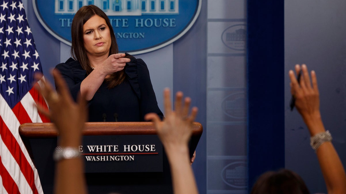  White House press secretary Sarah Huckabee Sanders calls on a reporter during the daily press briefing, Tuesday, Aug. 1, 2017, at the White House in Washington. (AP Photo/Evan Vucci) 