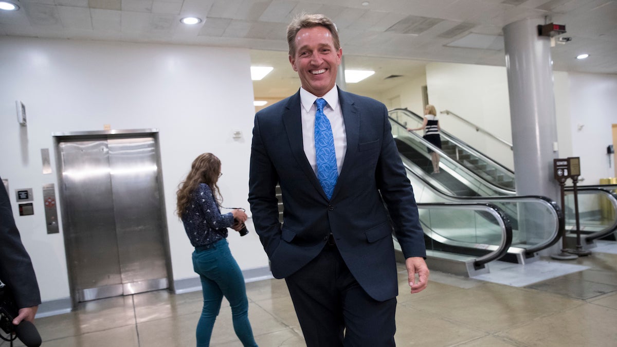  Senate Foreign Relations Committee member Sen. Jeff Flake, R-Ariz., and other members of the committee, arrive on Capitol Hill Washington, Wednesday, Aug. 2, 2017, for a closed-door meeting with Secretary of State Rex Tillerson and Defense Secretary James Mattis. (AP Photo/J. Scott Applewhite) 