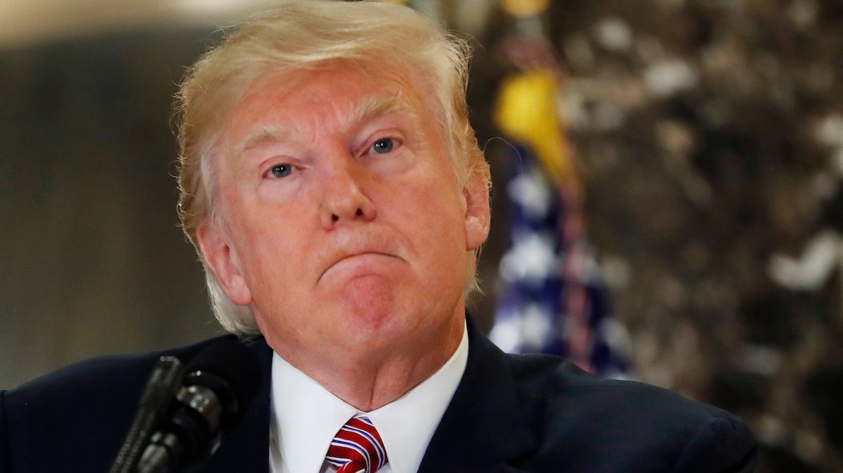  President Donald Trump listens to a question while meeting the media in the lobby of Trump Tower in New York, Tuesday, Aug. 15, 2017. (AP Photo/Pablo Martinez Monsivais) 