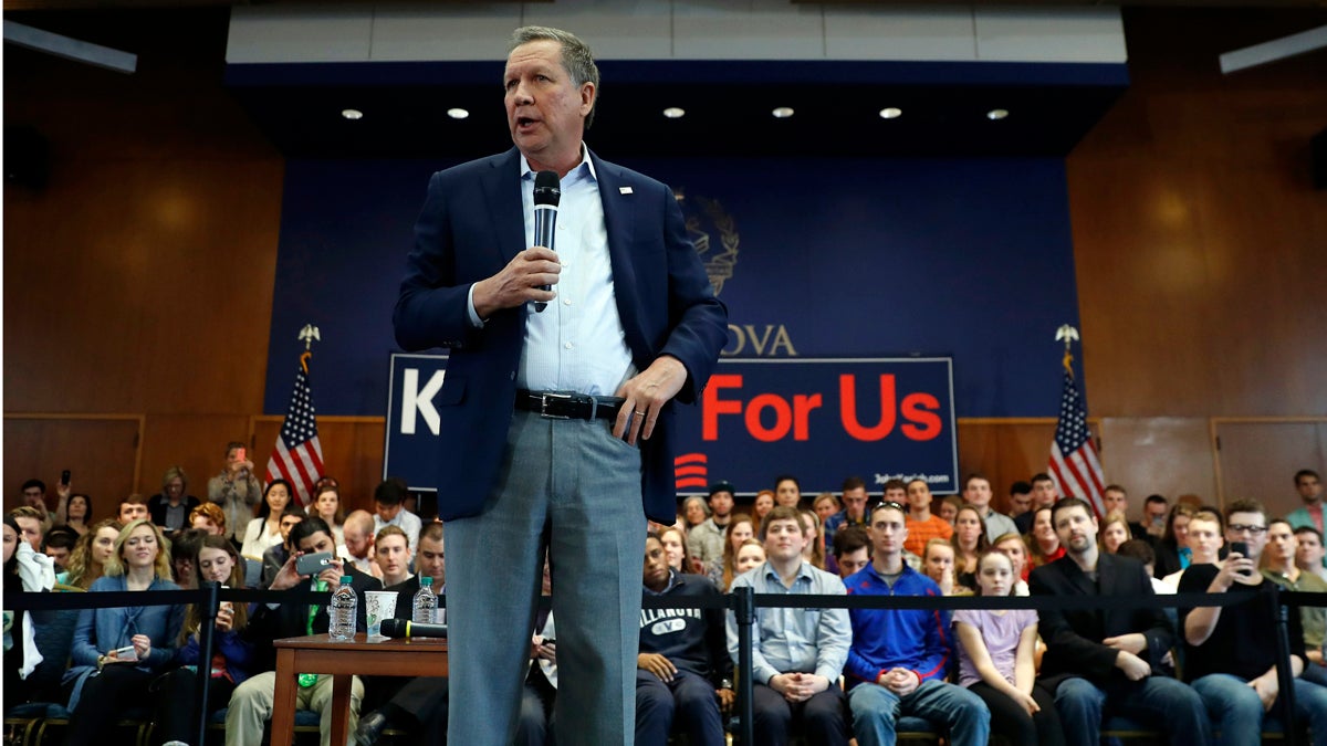Republican presidential candidate Ohio Gov. John Kasich speaks during a town hall event at Villanova University Wednesday