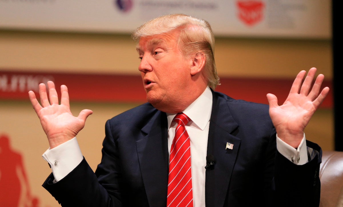  Republican presidential candidate, real estate mogul Donald Trump, speaks at the Family Leadership Summit in Ames, Iowa on Saturday. (AP Photo/Nati Harnik) 