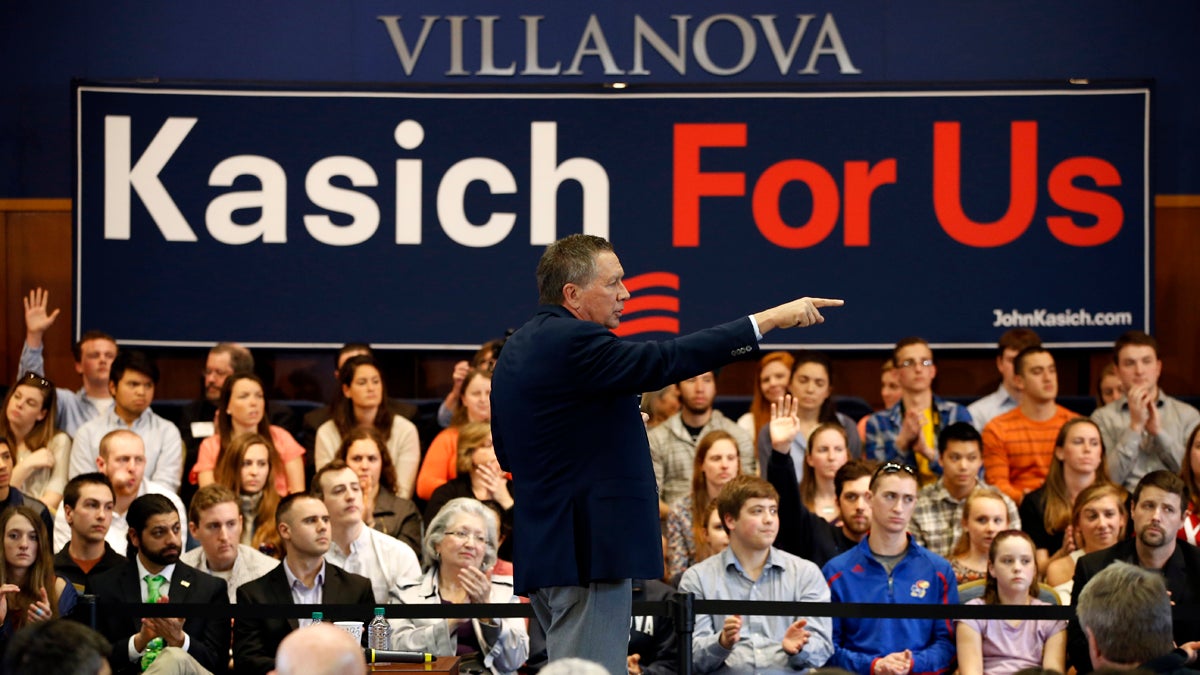 Republican presidential candidate Ohio Gov. John Kasich gestures while speaking at a town hall event at Villanova University where he received a warm welcome earlier this month. A new poll finds he is just a few points behind businessman Donald Trump in Pennsylvania.(AP Photo/Matt Slocum)