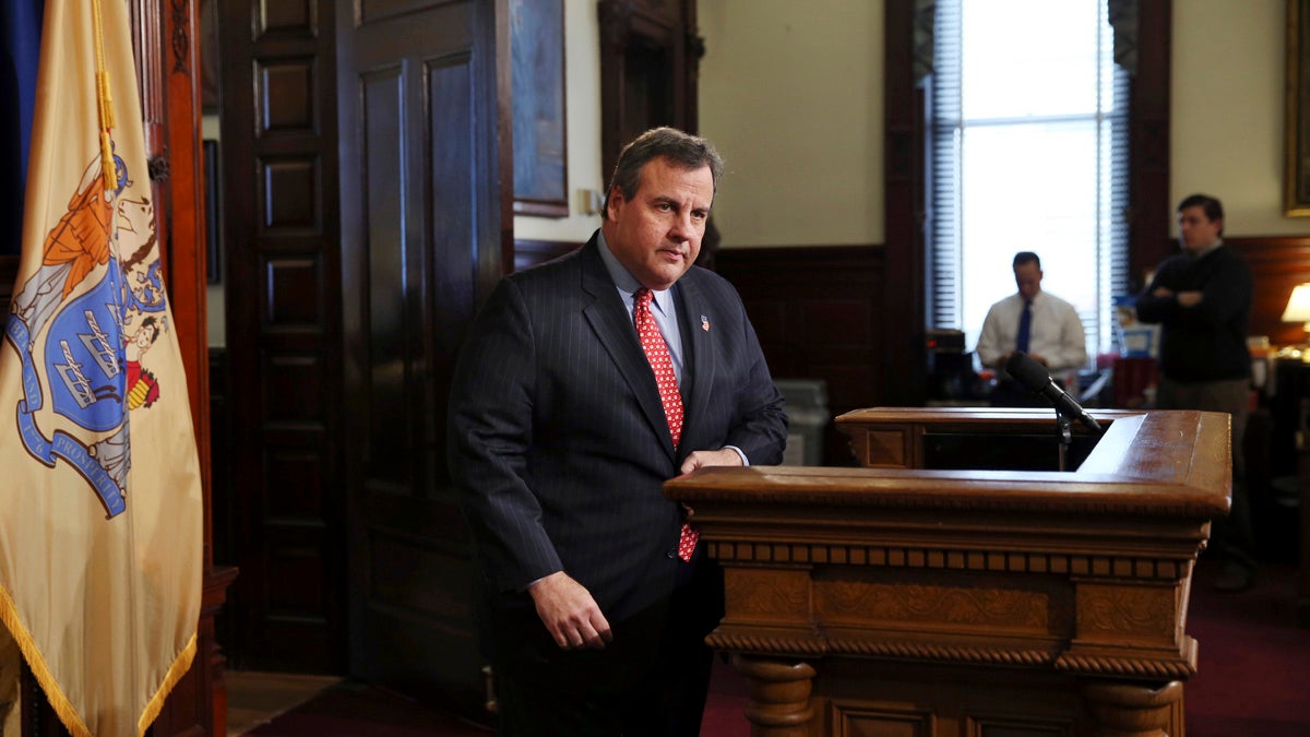  New Jersey Gov. and presidential candidate Chris Christie addresses members of the media at The Statehouse, Monday in Trenton. He will deliver his State of the State address Tuesday at 3 p.m. (AP Photo/Mel Evans) 