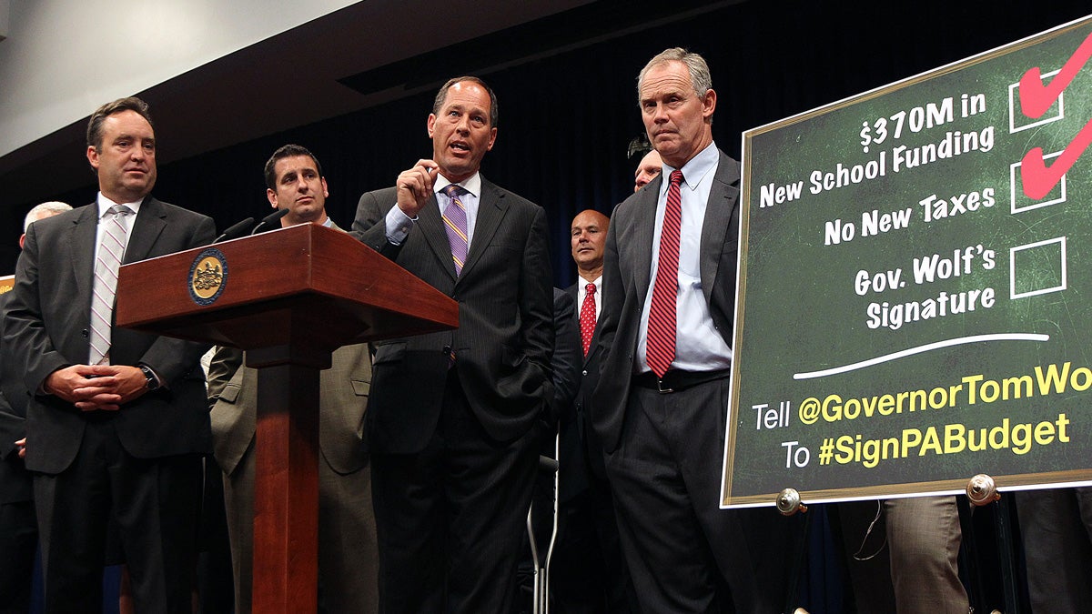 Senate President Pro Tempore Joseph Scarnati, R-Jefferson (middle), and Speaker of the House Mike Turzai, R-Allegheny (right), at a press conference in 2017. (AP Photo/Chris Knight) 