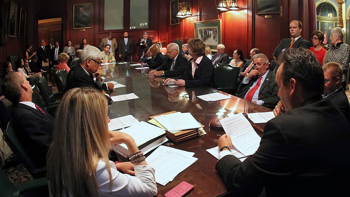  Pennsylvania senators gather to discuss pension legislation in the Rules Committee ahead of floor debate at the state Capitol in Harrisburg last week. Democratic Gov. Tom Wolf rejected the GOP's overhaul plan Thursday. (AP Photo/Chris Knight) 