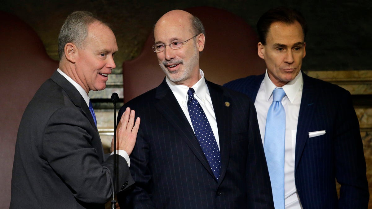  Gov. Tom Wolf, center, speaks with Republican Speaker of the House of Representatives, Rep. Mike Turzai, R-Allegheny, left, as Lt. Gov. Michael Stack looks on after Wolf delivered his Pennsylvania budget address in March. Any affinity between the GOP majority and the Democratic governor has all but evaporated since then. (AP file photo) 