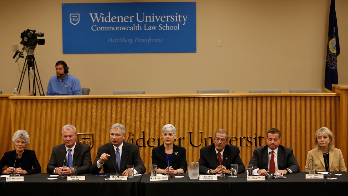 Justice Christine Donahue and Justice David Wecht (right) during a campaign debate in Harrisburg in 2015 (AP Photo/Matt Slocum) 