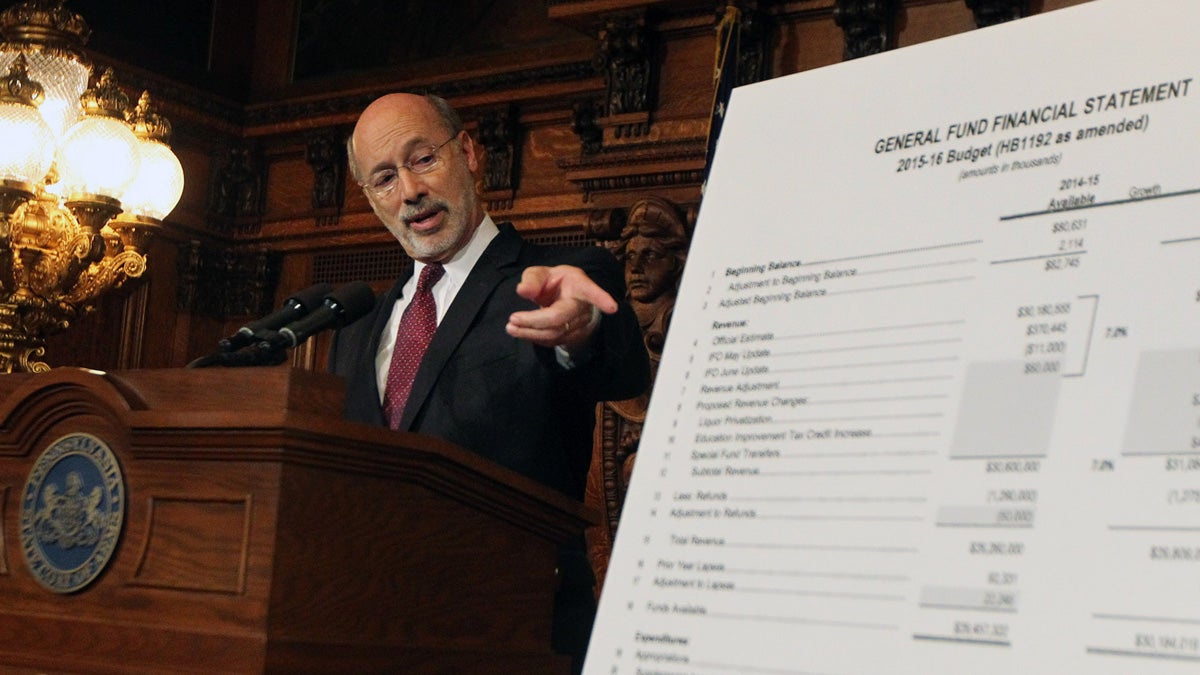  Pennsylvania Gov. Tom Wolf points out details of a budget plan last week at the state Capitol in Harrisburg. Wolf and the Republican-controlled Legislature remain deadlocked on a state spending plan a week after the budget was due.  (AP photo/Chris Knight) 