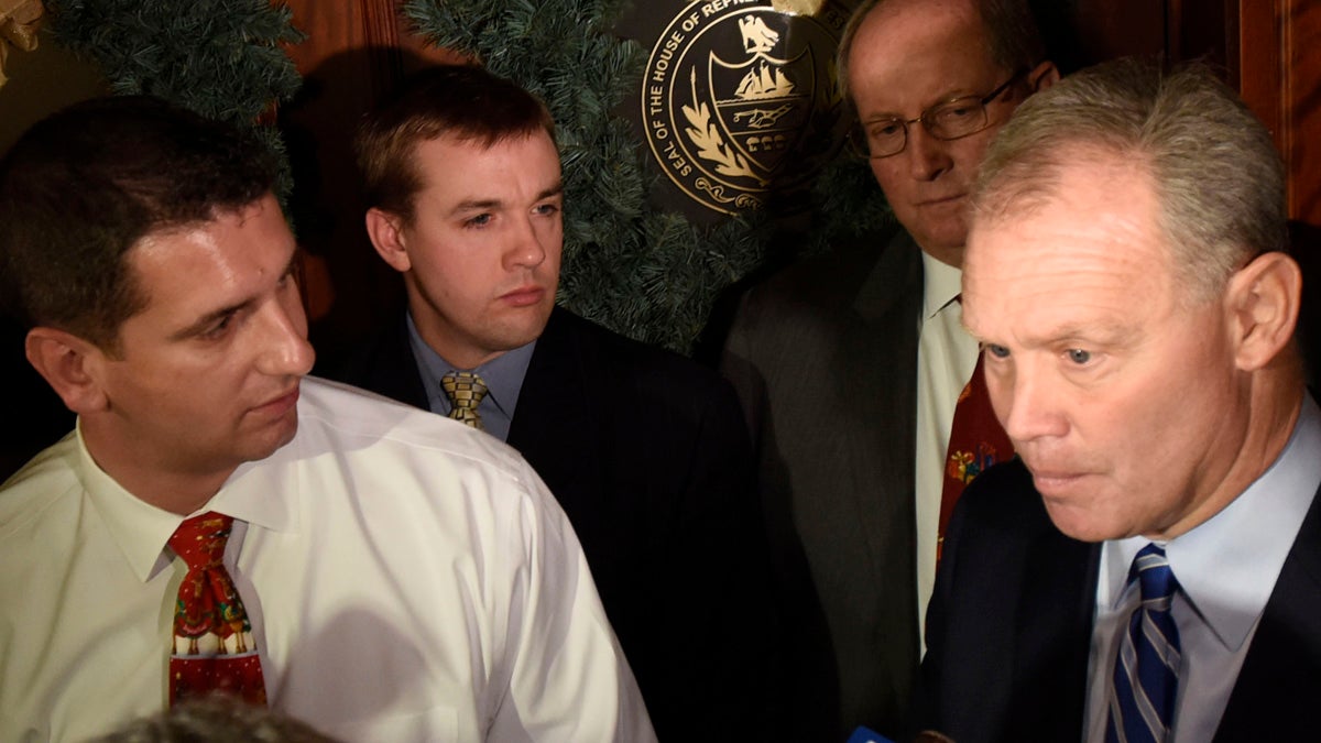  Pennsylvania House Majority Leader Dave Reed, R-Indiana, left, and Speaker of the House Mike Turazi, R-Allegheny, right, speak with the news media in the state capitol regarding the budget negotiations Wednesday in Harrisburg. (AP Photo/Bradley C Bower) 