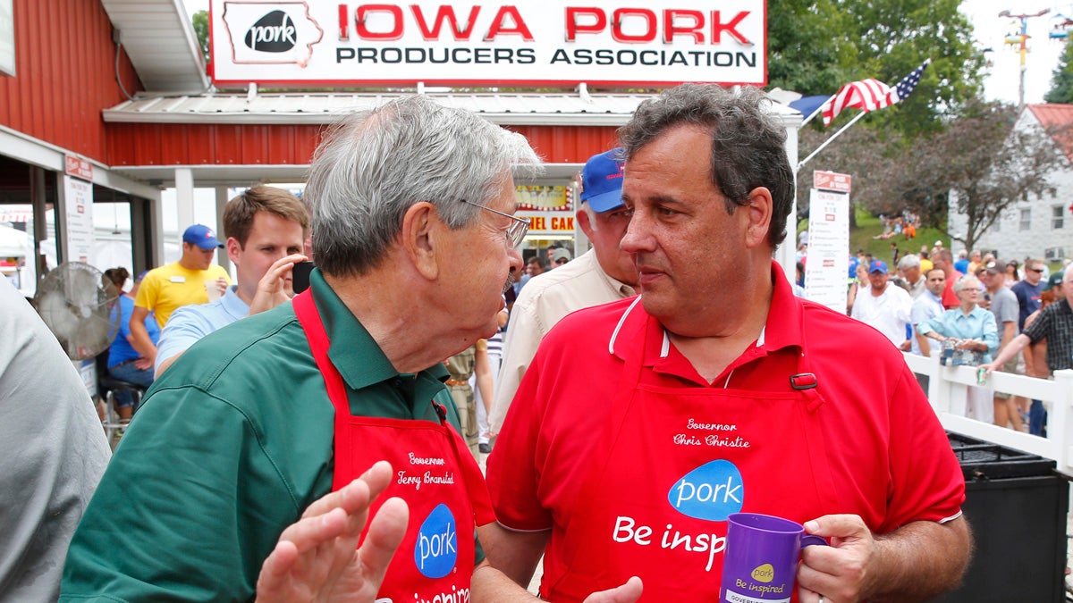  Republican presidential candidate New Jersey Gov. Chris Christie, right, talks with Iowa Gov. Terry Branstad at the Iowa State Fair Saturday in Des Moines, Iowa. (AP Photo/Paul Sancya) 