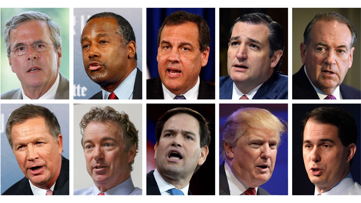  Republican presidential candidates, from top left, Jeb Bush, Ben Carson, Chris Christie, Ted Cruz, Mike Huckabee and, from bottom left, John Kasich, Rand Paul, Marco Rubio, Donald Trump and Scott Walker. The candidates are scheduled to participate in a 9 p.m. Fox News Channel Republican presidential debate on Thursday. (AP file photos) 
