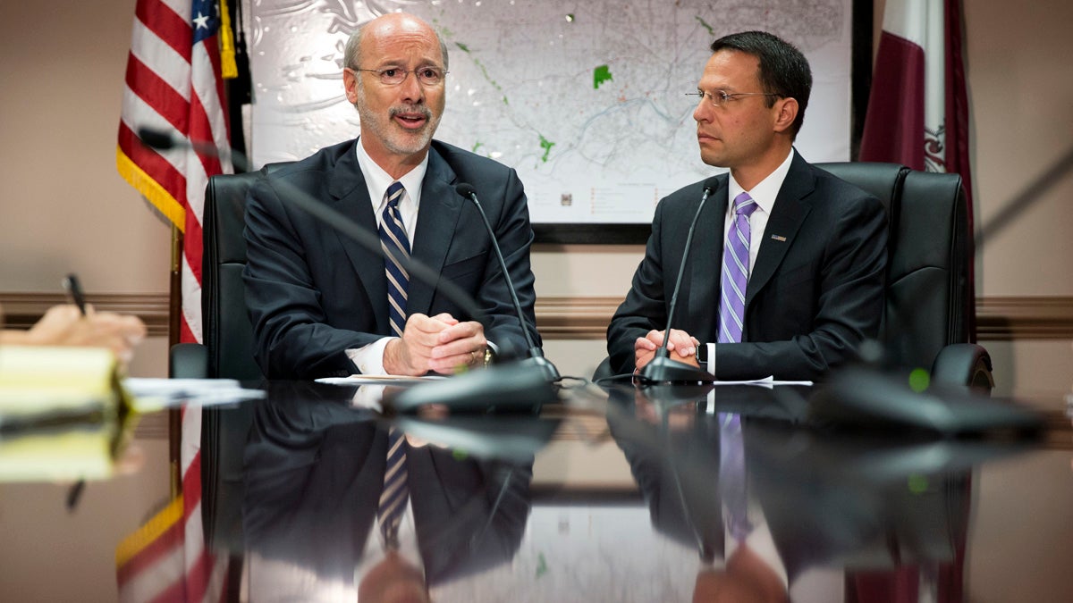  Pennsylvania Gov. Tom Wolf, left, accompanied by Montgomery County Commissioner Josh Shapiro speaks during a news conference last week  in  Norristown. Pennsylvania is more than a month and a half into its new fiscal year without a state budget. (AP Photo/Matt Rourke) 