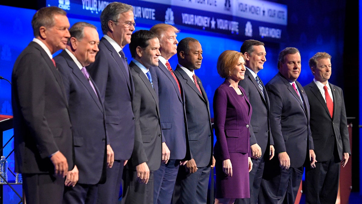  Republican presidential candidates, from left, John Kasich, Mike Huckabee, Jeb Bush, Marco Rubio, Donald Trump, Ben Carson, Carly Fiorina, Ted Cruz, Chris Christie, and Rand Paul take the stage during the CNBC Republican presidential debate at the University of Colorado last month. (AP Photo/Mark J. Terrill) 