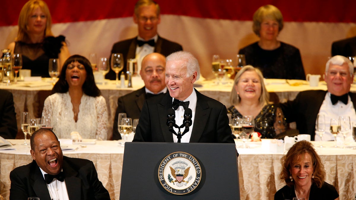  Vice President Joe Biden gets a laugh as he delivers remarks after being given the Pennsylvania Society's Gold Medal award in 2013 during the society's annual dinner at the Waldorf-Astoria hotel in New York. (AP Photo/Jason DeCrow) 