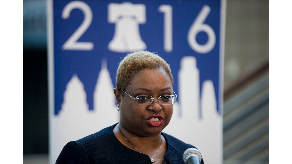 Chief Executive Officer of the Democratic National Convention Committee The Rev. Leah Daughtry speaks during a news conference at the Wells Fargo Center in Philadelphia