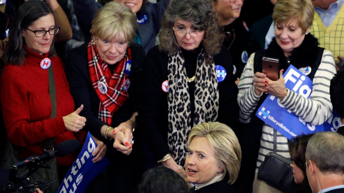 Hillary Clinton is surrounded by women who support her candidacy during a campaign stop in New Hampshire last month. A new poll finds men in New Jersey appear to be uncomfortable with the thought of a female president. (AP Photo/Elise Amendola)