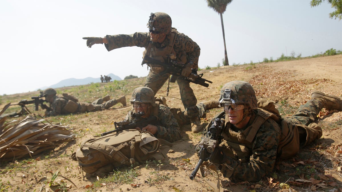  U.S. soldiers secure the beach head after an amphibious landing vehicle assault during the U.S.-Thai join military exercise titled 