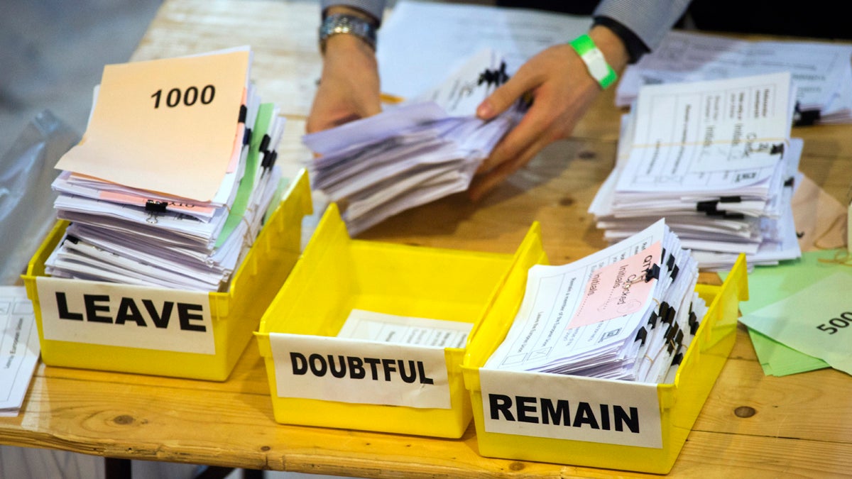  In this Friday, June 24, 2016 photo, votes are sorted into remain, leave and doubtful trays as ballots are counted during the EU Referendum count for Westminster and the City of London at the Lindley Hall in London. (Anthony Devlin/PA via AP, File)  