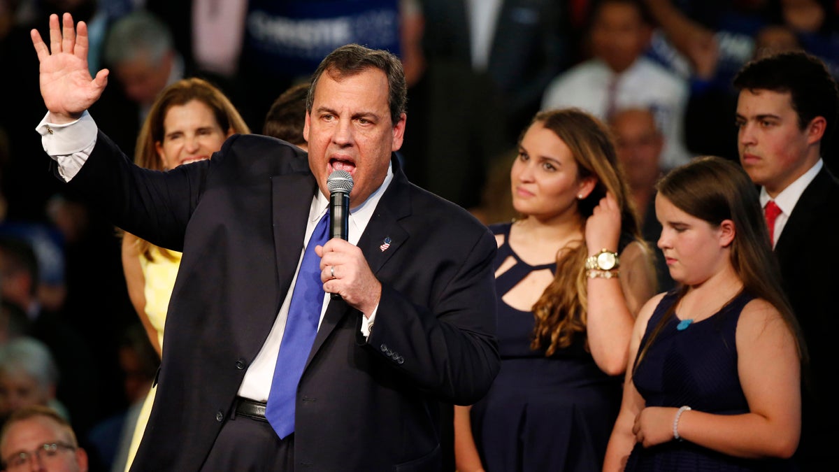  New Jersey Gov. Chris Christie, accompanied by family members, speaks to supporters during an event announcing he will seek the Republican nomination for president, Tuesday, June 30, 2015, at Livingston High School in Livingston, N.J. (AP Photo/Julio Cortez) 