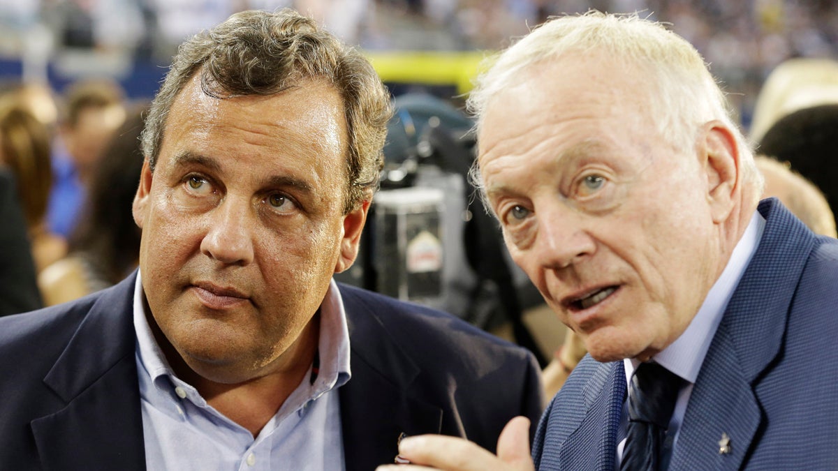  New Jersey Governor Chris Christie, left and Dallas Cowboys owner Jerry Jones talk before a NFL football game against the New York Giants Sunday, Sept. 8, 2013, in Arlington, Texas. (LM Otero/AP Photo) 