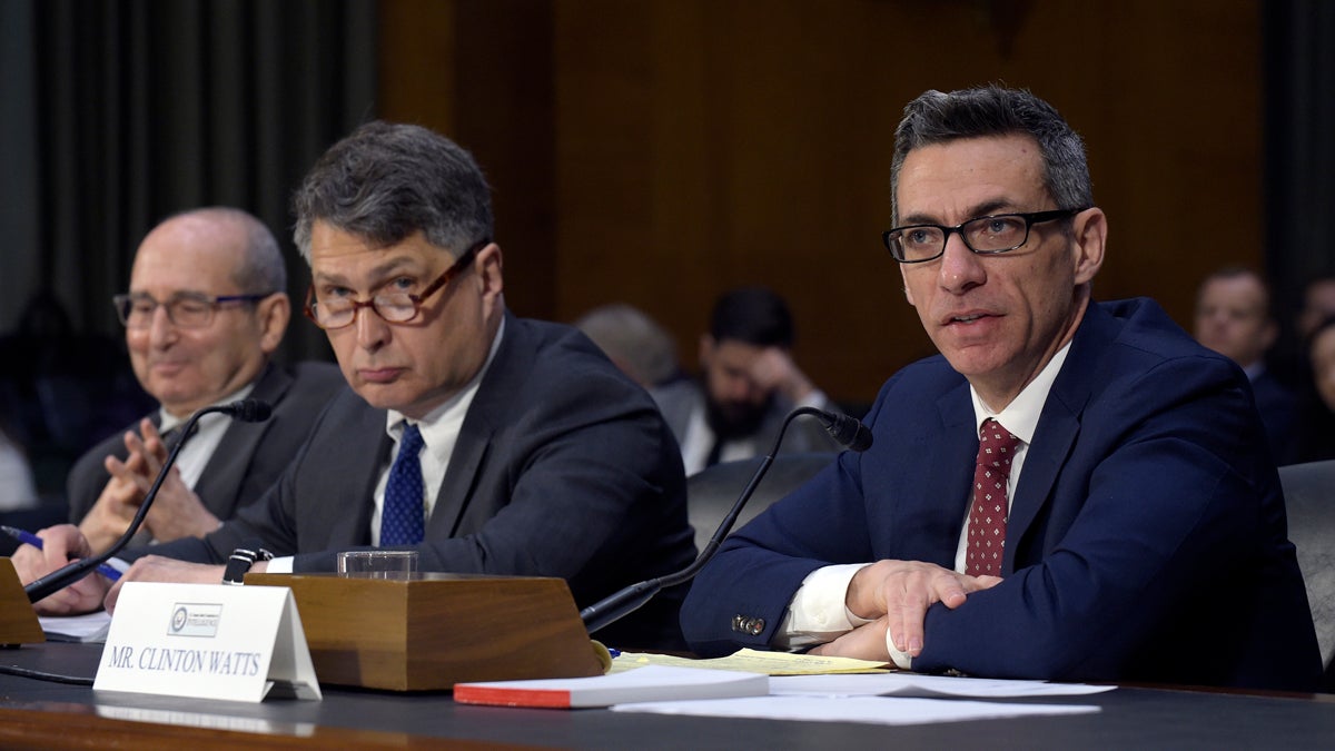  Clint Watts, (right), a Senior Fellow at the Foreign Policy Research Institute Program on National Security, testifies before the Senate Intelligence Committee hearing on Capitol Hill in Washington, Thursday, March 30, 2017, on Russian intelligence activities. He is joined at the witness table by Roy Godson, (left), Professor of Government Emeritus at Georgetown University, and Eugene Rumer, (center), Director of Russia and Eurasia Program at the Carnegie Endowment for International Peace. Lawmakers heading the Senate Intelligence Committee focused squarely on Russia as they opened the hearing Thursday on attempts at undermining the 2016 U.S. presidential election. (Susan Walsh/AP Photo) 