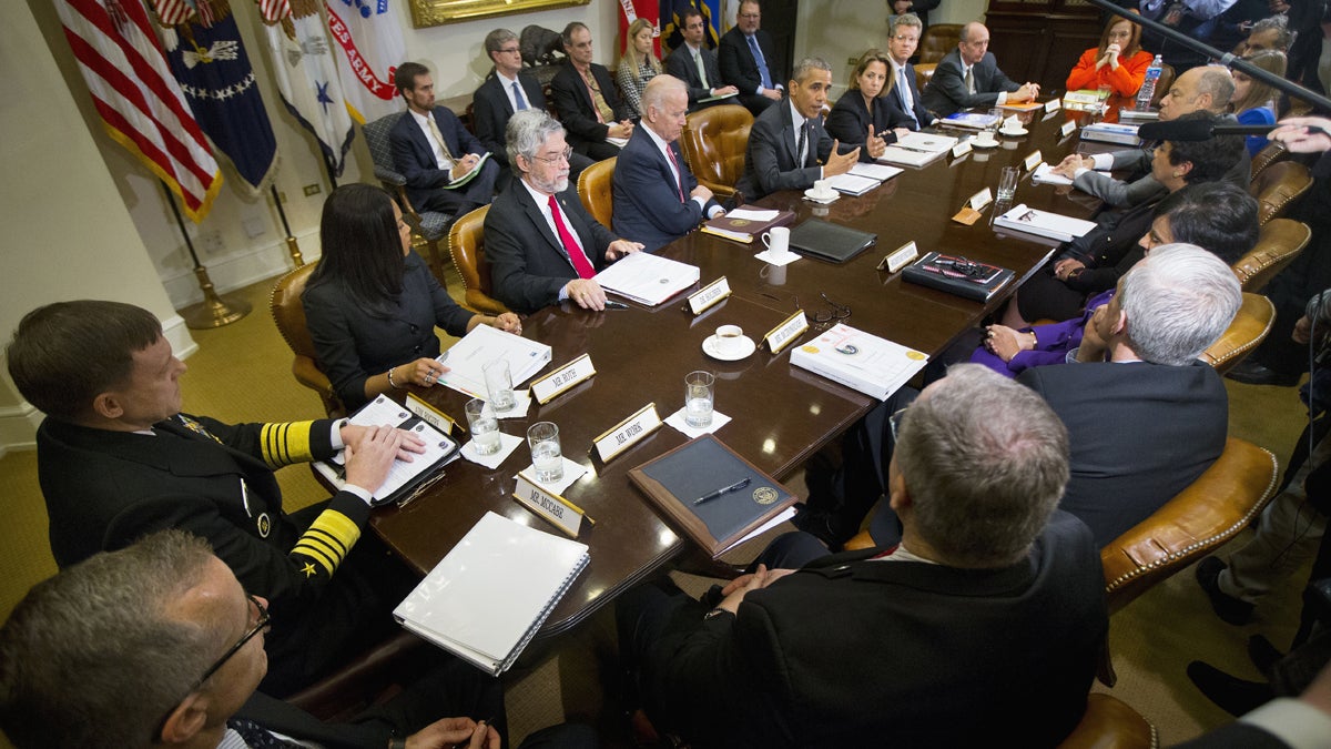  President Barack Obama meets with members of this national security team and cybersecurity advisers in the Roosevelt Room of the White House in Washington Tuesday. (Pablo Martinez Monsivais/AP Photo) 