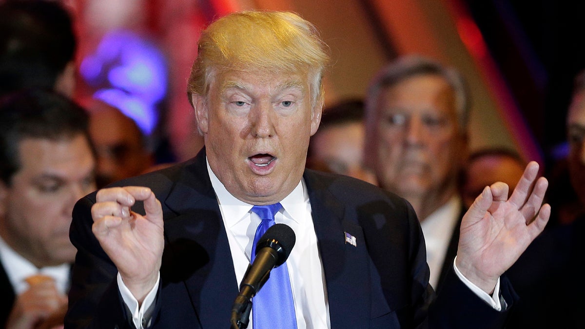 Republican presidential candidate Donald Trump speaks during a primary night news conference