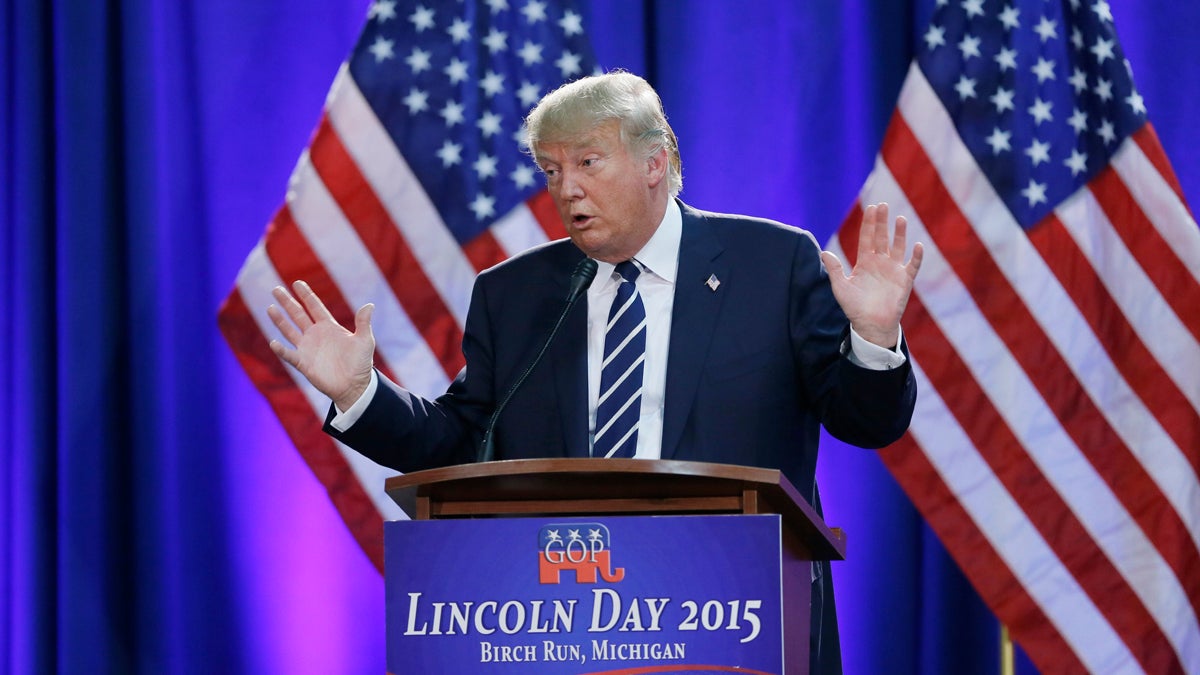  Republican presidential candidate Donald Trump addresses a GOP fundraising event, Tuesday, Aug 11, 2015, in Birch Run, Mich. (Carlos Osorio/AP Photo) 