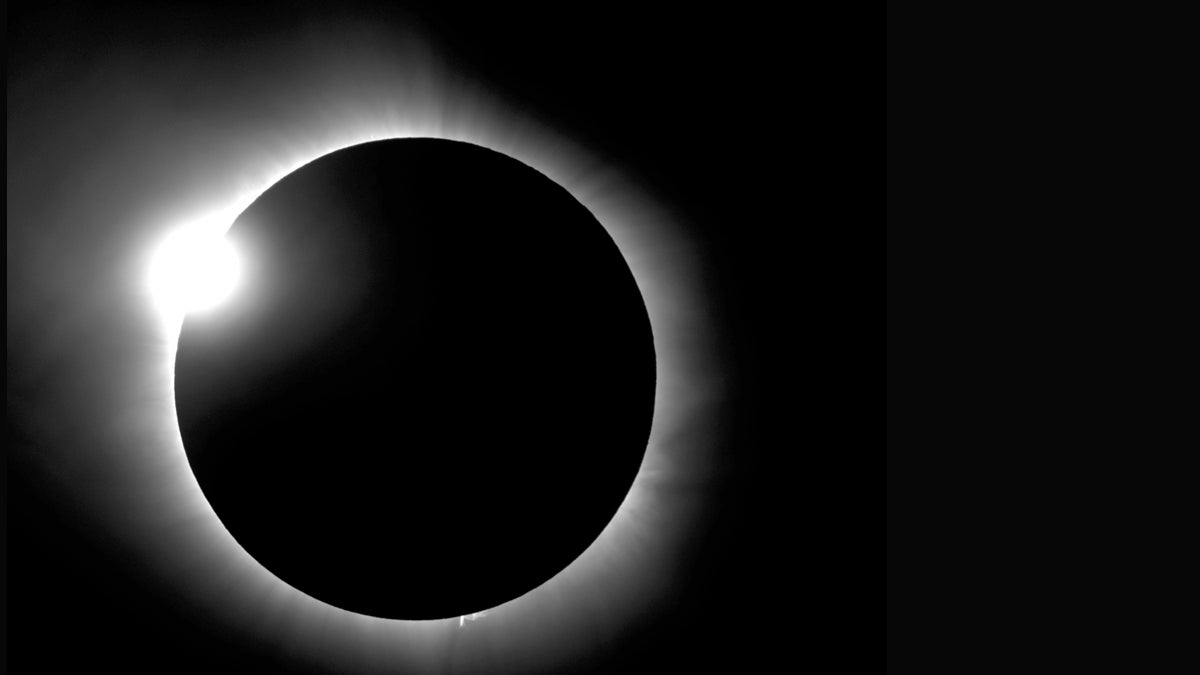This photo provided by Bob Baer and Sarah Kovac, participants in the Citizen CATE Experiment, shows a 'diamond ring' shape during the 2016 total solar eclipse in Indonesia. (R. Baer, S. Kovac/Citizen CATE Experiment via AP)