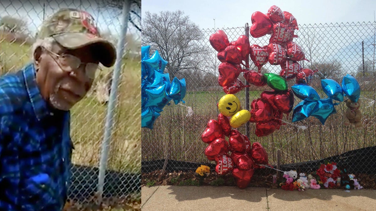  This Sunday, April 16, 2017 frame from video posted on Facebook shows Robert Godwin Sr. in Cleveland moments before being fatally shot (left) and  A makeshift memorial consisting of balloons, a stuffed bear and other items sits a along a fence in Cleveland on Monday, April 17, 2017. The memorial honors a man who was fatally shot in a video that was posted to Facebook. (Facebook via AP and Mike Householder/AP Photo) 