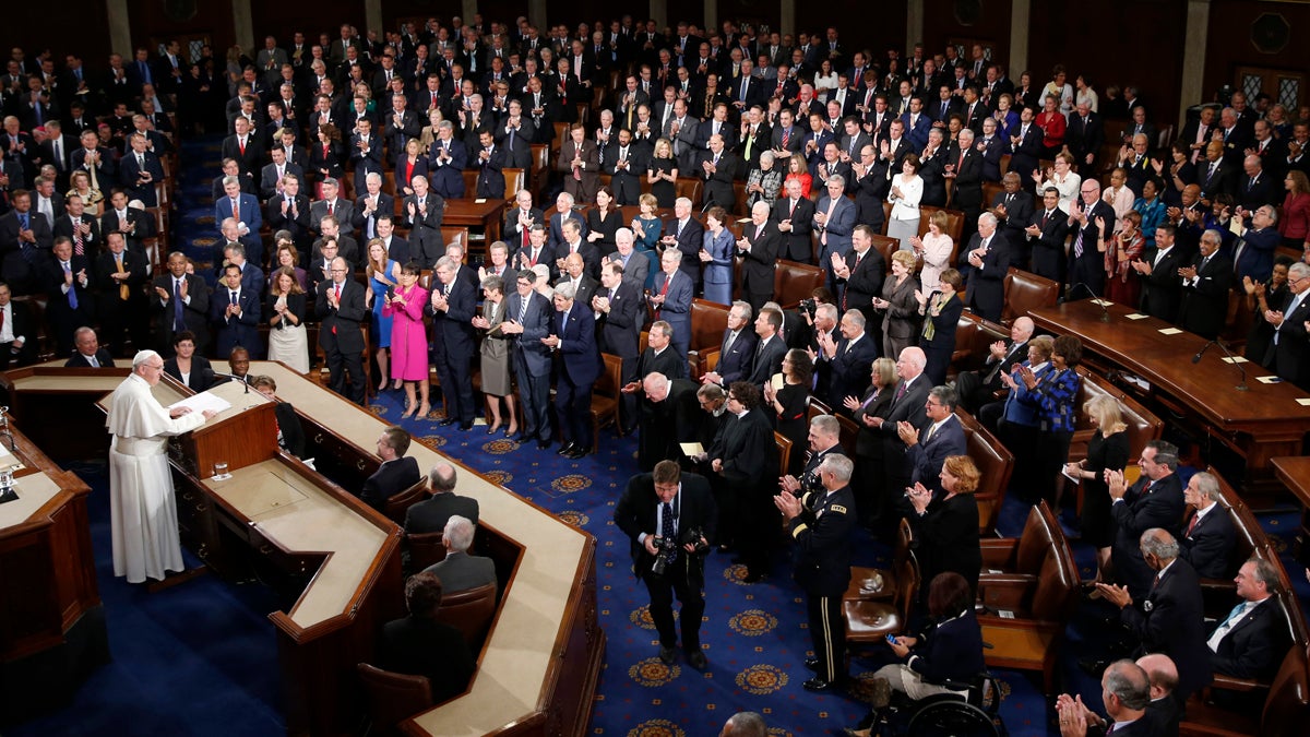 apfranciscongress092415x1200-1 Pope Francis addresses a joint meeting of Congress on Capitol Hill in Washington Thursday, making history as the first pontiff to do so. (Evan Vucci/AP Photo)