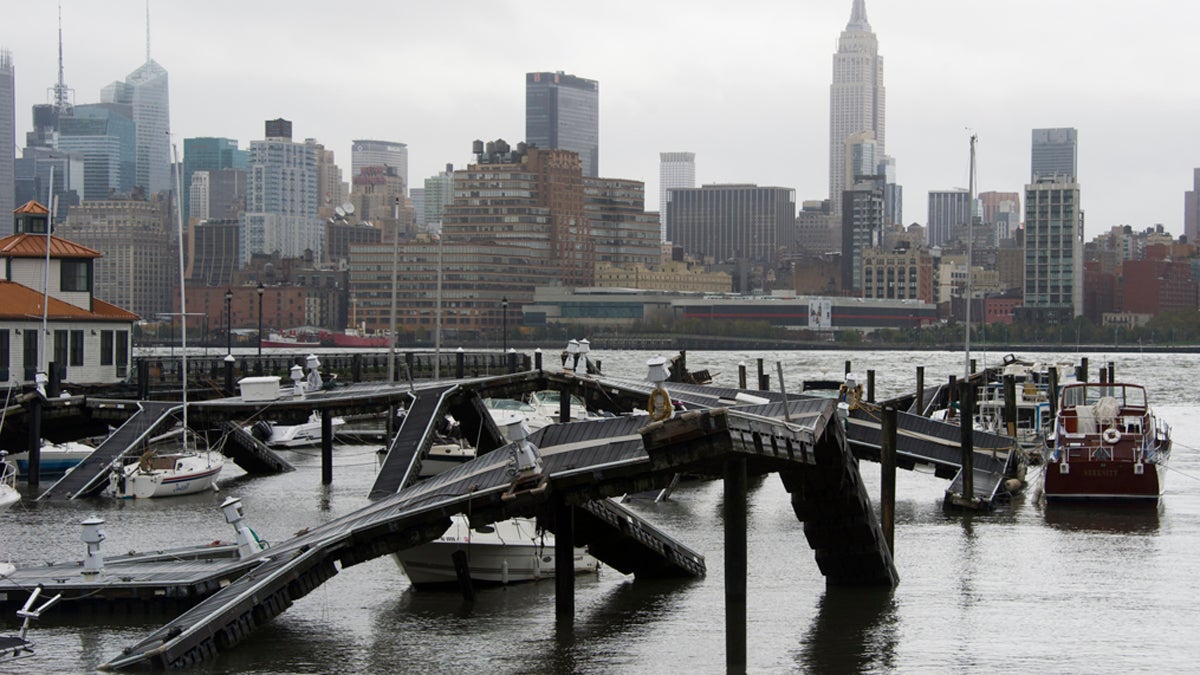  The twisted remains of a Hudson River marina are seen across from New York City as a result of superstorm Sandy on Tuesday, Oct. 30, 2012 in Hoboken, NJ. (Charles Sykes/AP Photo) 
