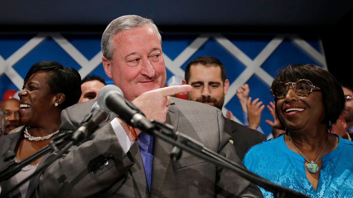 Democratic mayoral candidate and former City Councilman Jim Kenney, center, gestures onstage after winning the primary election, Tuesday, May 19, 2015, in Philadelphia. The former longtime Philadelphia councilman with broad union backing is poised to become the next mayor of the nation's fifth largest city after his resounding win Tuesday in a six-way Democratic primary. (Matt Slocum/AP Photo) 