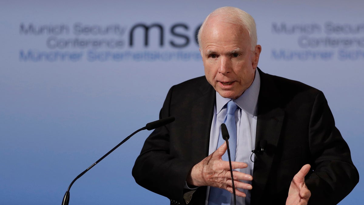  Senator John McCain, R-Ariz., speaks during the Munich Security Conference in Munich, southern Germany, Friday, Feb. 17, 2017. The annual weekend gathering is known for providing an open and informal platform to meet in close quarters. (Matthias Schrader/AP Photo) 