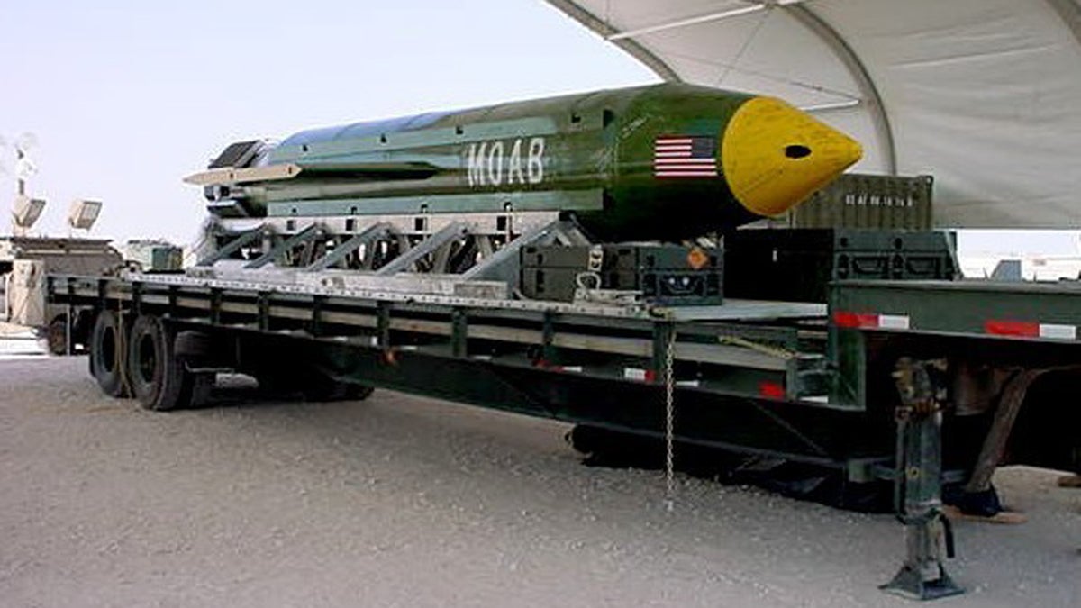  This undated photo provided by Eglin Air Force Base shows a GBU-43B, or massive ordnance air blast weapon, the U.S. military's largest non-nuclear bomb, which contains 11 tons of explosives. The Pentagon said U.S. forces in Afghanistan dropped a GBU-43B on an Islamic State target in Afghanistan on Thursday, April 13, 2017, in what a Pentagon spokesman said was the first-ever combat use of the bomb. (Eglin Air Force Base via AP) 