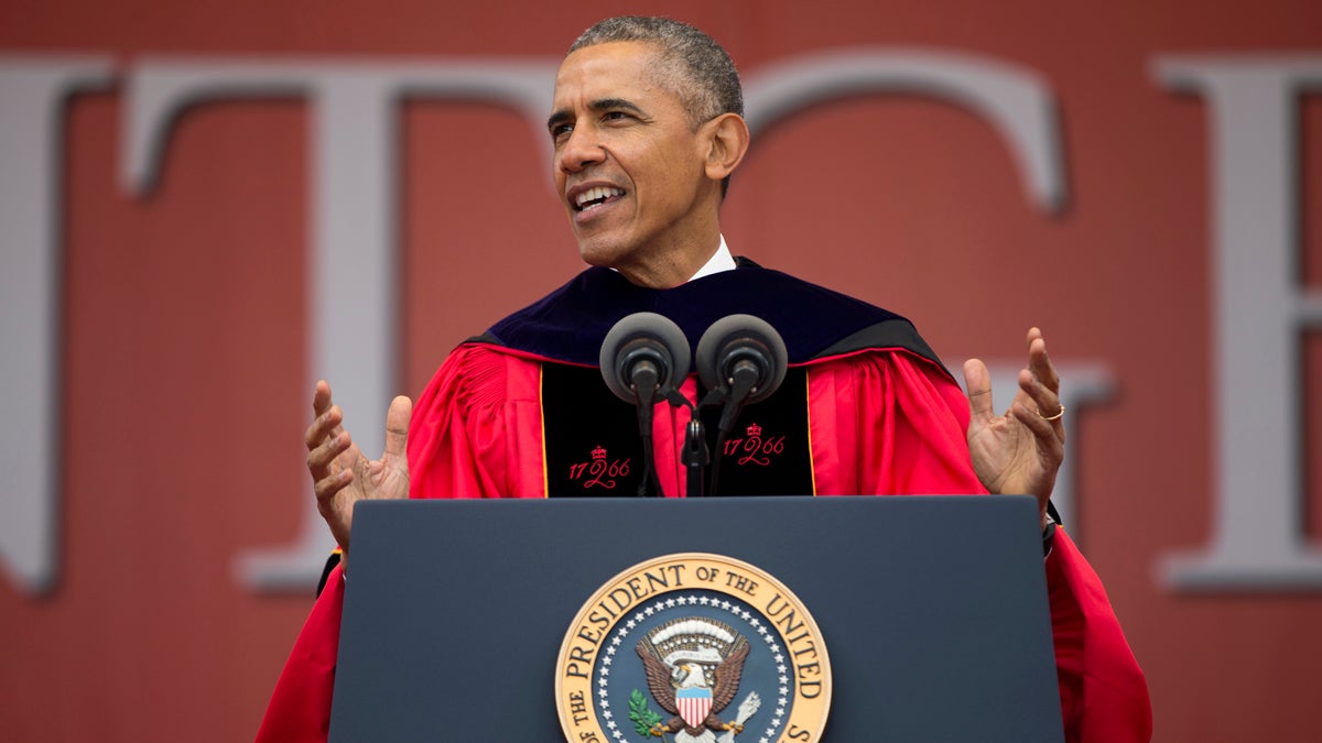 President Barack Obama speaks during Rutgers University's 250th Anniversary commencement ceremony, on Sunday, May 15, 2016, in New Brunswick, N.J. (AP Photo/Evan Vucci)