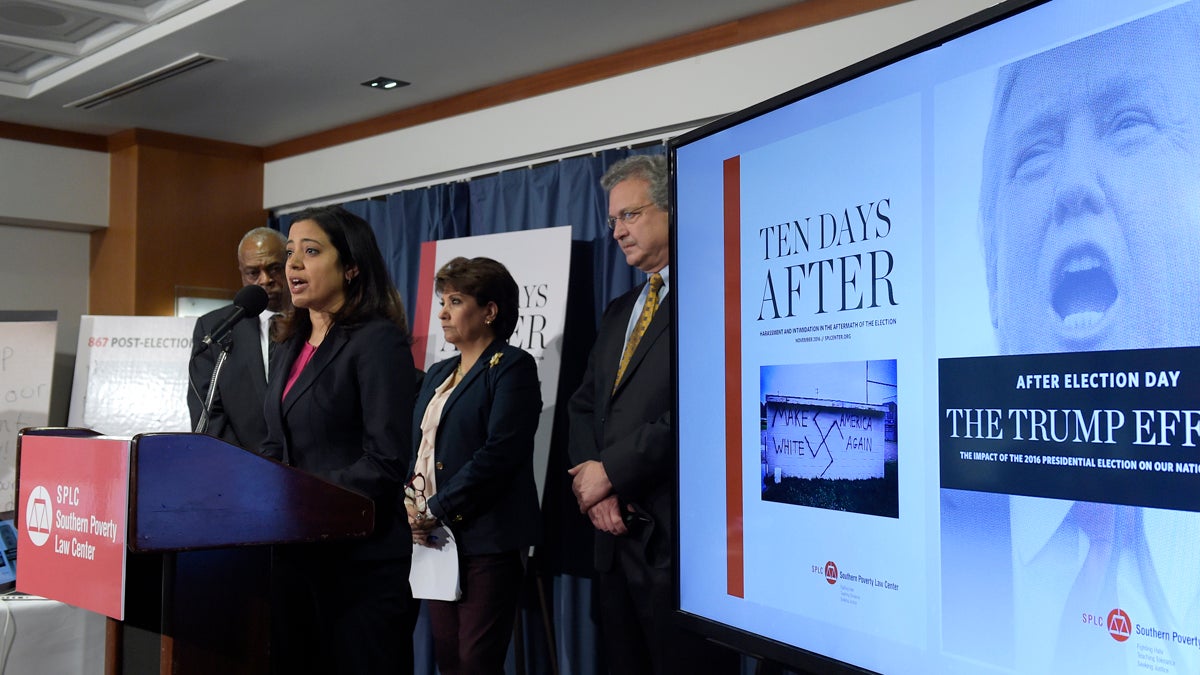  Brenda Abdelall, with Muslim Advocates, (second from left), speaks during a news conference at the National Press Club in Washington, Tuesday, Nov. 29, 2016. Abdelall, standing with (from left), Wade Henderson, President and CEO of The Leadership Conference on Civil and Human Rights, Janet Murguia, the President and CEO of the National Council of La Raza, and Richard Cohen, president of the Southern Poverty Law Center, called on President-elect Donald Trump to publicly denounce racism and bigotry. (Susan Walsh/AP Photo) 
