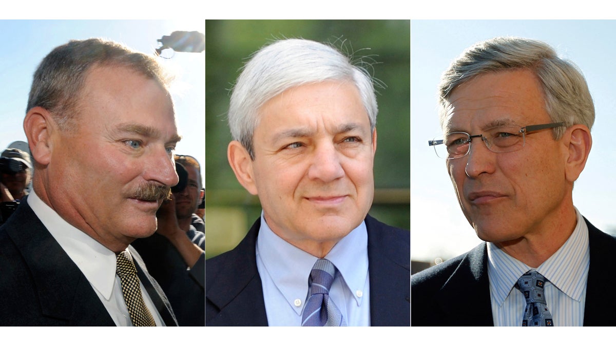  This file photo combination shows (from left) former Penn State vice president Gary Schultz, former Penn State President Graham Spanier, and  former Penn State athletic director Tim Curley, in Harrisburg, Pa. Schultz, Curley and Spanier received jail sentences on child endangerment charges June 2, 2017, for failing to report a 2001 allegation about former Penn State University assistant football coach Jerry Sandusky to authorities. (AP Photos, file) 