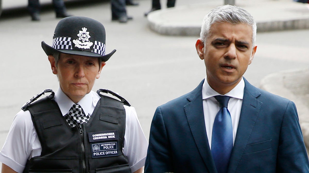  London Police Commissioner Cressida Dick, left, and the Mayor of London Sadiq Khan, participate in a media conference at London Bridge in London, Monday, June 5, 2017. Police arrested several people and are widening their investigation after a series of attacks described as terrorism killed several people and injured more than 40 others in the heart of London on Saturday. (Alastair Grant/AP Photo) 