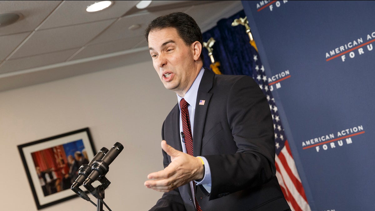  Wisconsin Gov. Scott Walker speaks at the American Action Forum in Washington, Thursday, Jan. 29, 2015. Shifting his focus to Washington, Walker is expanding his political operation as he fights for early momentum in the increasingly crowded field of GOP White House prospects. The American Action Forum calls itself a center-right policy institute. (J. Scott Applewhite/AP Photo) 