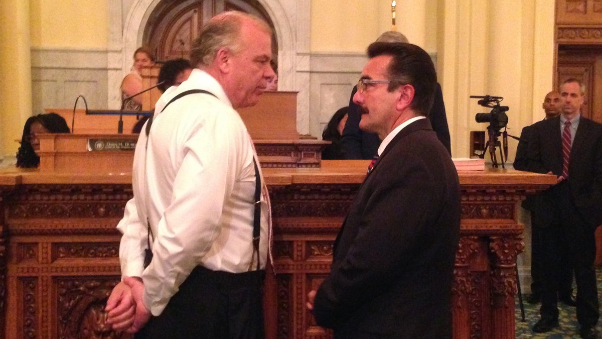  Democratic Senate President Steve Sweeney, (left), and Democratic Assembly Speaker Vincent Prieto speak on the floor of the Assembly shortly before the deadline to pass a budget Friday, June 30, 2017, in Trenton, N.J. Sweeney and Prieto are at odds over whether to support Gov. Chris Christie's proposal to overhaul the state's largest health insurer. Sweeney backs the plan, while Prieto doesn't. (Michael Catalini/AP Photo) 