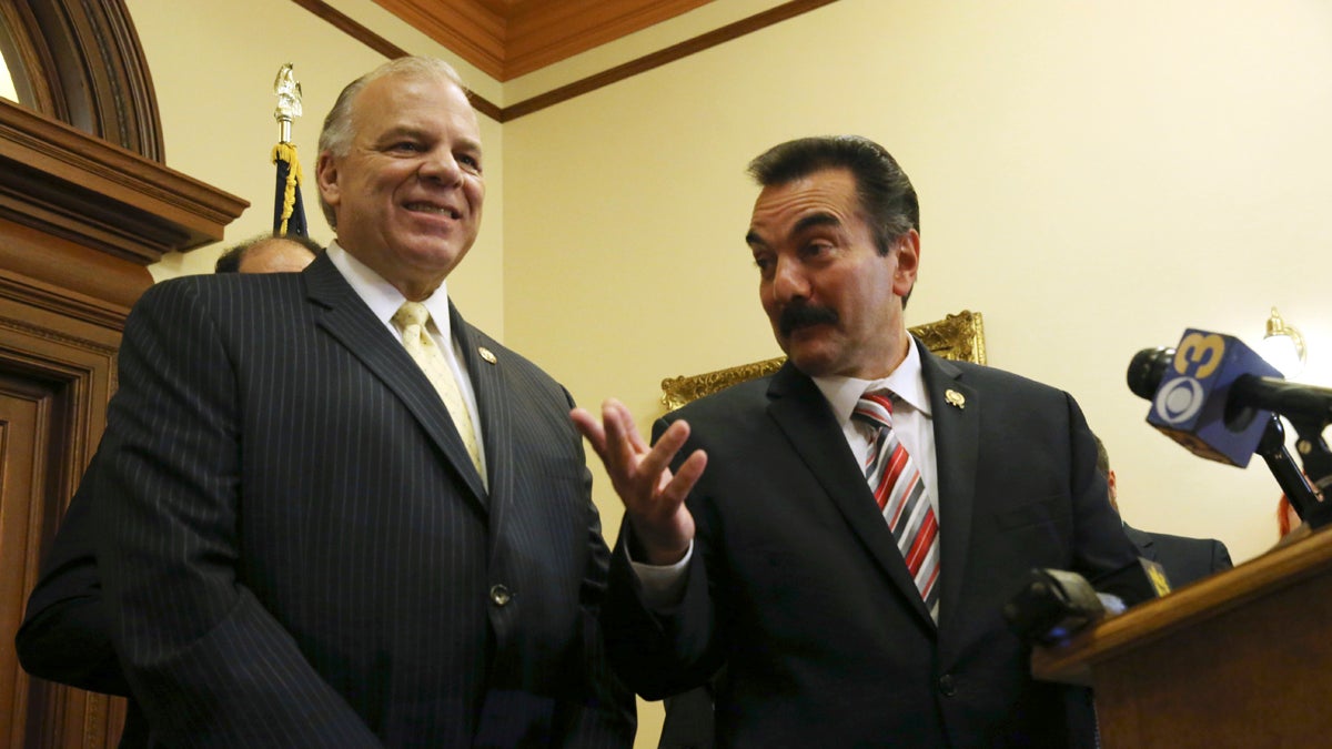  New Jersey Senate President Steve Sweeney, (left), D-West Deptford, and New Jersey Democratic Assembly Speaker Vincent Prieto, (right), D-Secaucus, stand together as they announce an agreement to end the New Jersey budget impasse Monday, July 3, 2017, in Trenton, N.J. (Mel Evans/AP Photo) 