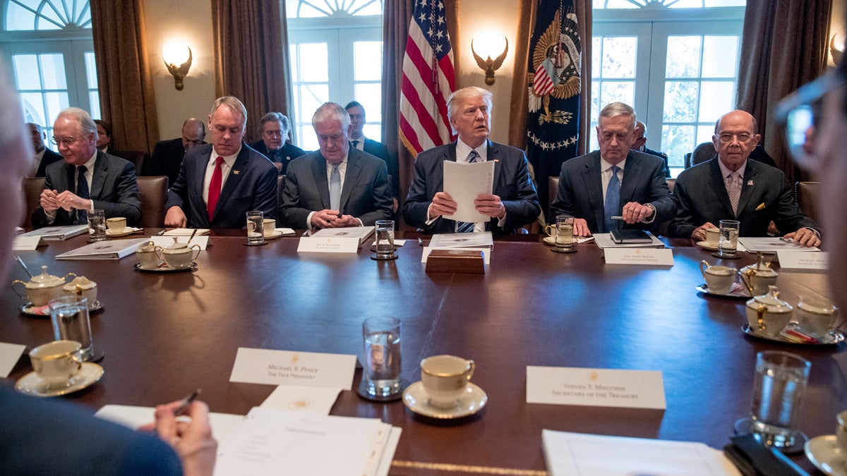  President Donald Trump speaks during a meeting with his Cabinet in the Cabinet Room of the White House in Washington, Monday, March 13, 2017. From left are, Health and Human Services Secretary Tom Price, Interior Secretary Ryan Zinke, Secretary of State Rex Tillerson, the president, Defense Secretary Jim Mattis, and Secretary of Commerce Wilbur Ross. (Andrew Harnik/AP Photo) 