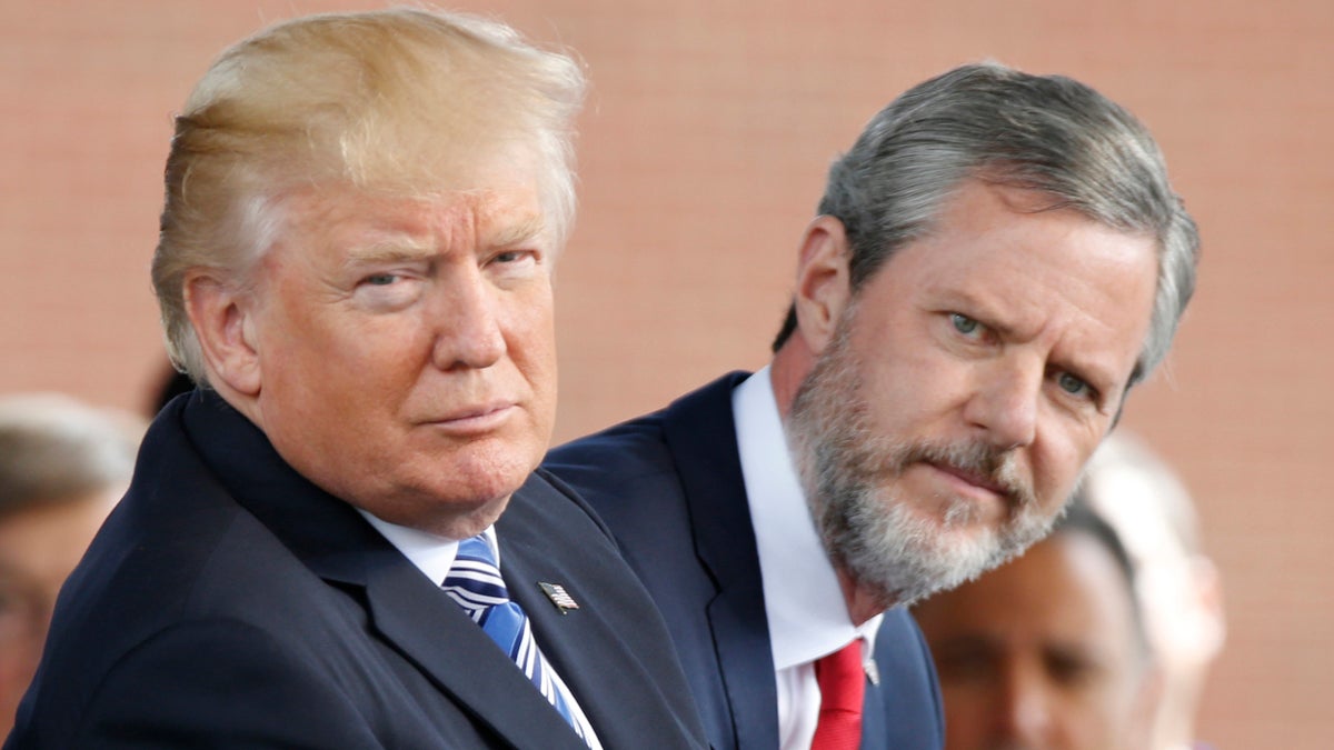  President Donald Trump, (left), and Liberty University president, Jerry Falwell Jr., (right), during commencement ceremonies at the school in Lynchburg, Va., Saturday, May 13, 2017. (Steve Helber/AP Photo) 