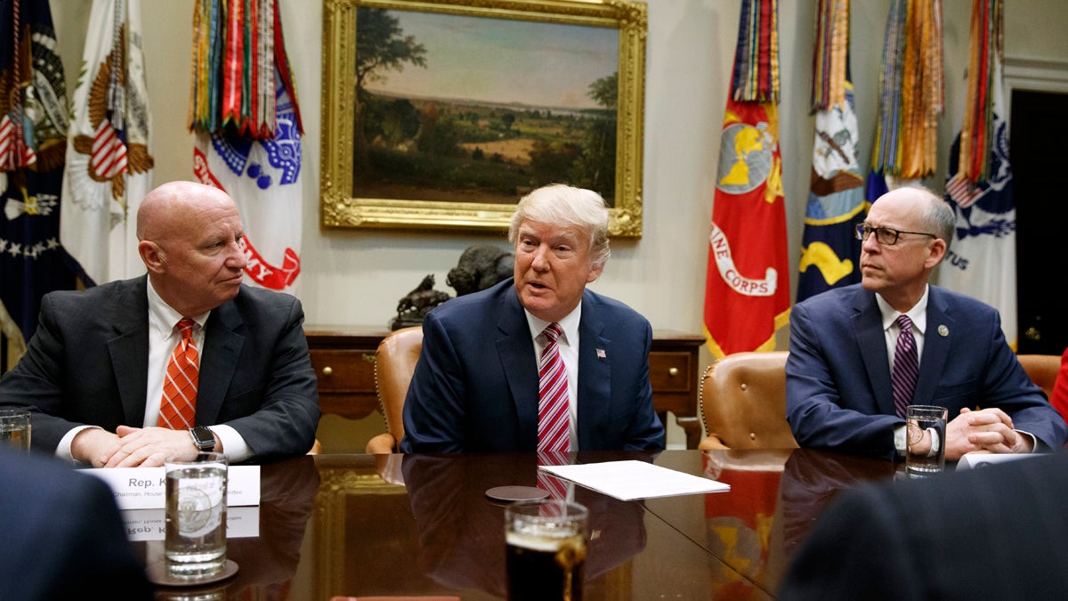  President Donald Trump, flanked by House Ways and Means Committee Rep. Kevin Brady, R-Texas, (left), and House Energy and Commerce Committee Chairman Rep. Greg Walden, R-Org., speaks in the Roosevelt Room of the White House in Washington, Friday, March 10, 2017, during a meeting on healthcare. (Evan Vucci/AP Photo) 