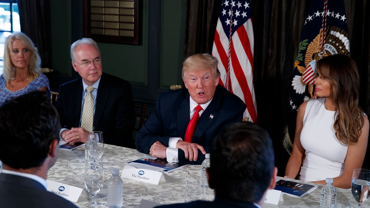  President Donald Trump speaks during a briefing on the opioid crisis, Tuesday, Aug. 8, 2017, at Trump National Golf Club in Bedminster, N.J. (From left) White House senior adviser Kellyanne Conway, Health and Human Services Secretary Tom Price, Trump, and first lady Melania Trump. (Evan Vucci/AP Photo) 