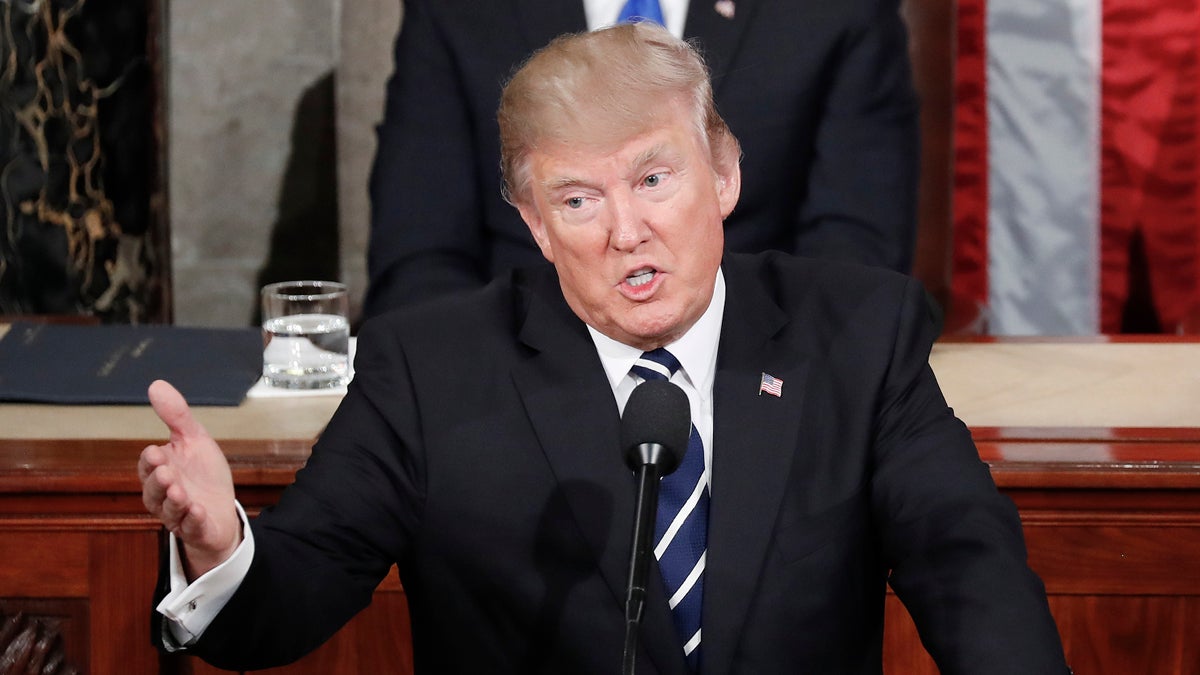  President Donald Trump gestures towards democrats while addressing a joint session of Congress on Capitol Hill in Washington, Tuesday, Feb. 28, 2017. (Pablo Martinez Monsivais/AP Photo) 