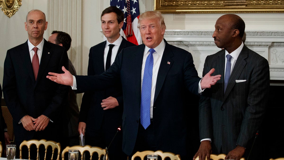  President Donald Trump welcomes manufacturing executives to a meeting at the White House in Washington, Thursday, Feb. 23, 2017. From left are, Archer Daniels Midland CEO Juan Luciano, White House Senior Adviser Jared Kushner, Trump, and Merck CEO Kenneth Frazier. (Evan Vucci/AP Photo) 