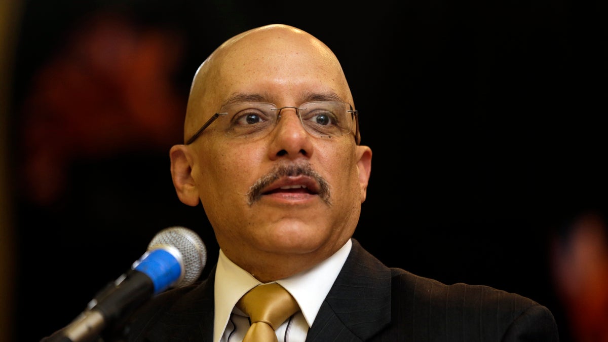 State Sen. Vincent Hughes,  D-Philadelphia, speaks during a news conference at Andrew Jackson Elementary School in 2013 in Philadelphia. (Matt Rourke/AP Photo) 