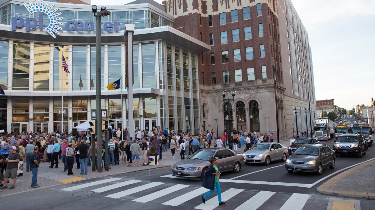  Crowds gather outside of the PPL Center in downtown Allentown on opening night Friday, September 12, 2014. (Lindsay Lazarski/WHYY) 